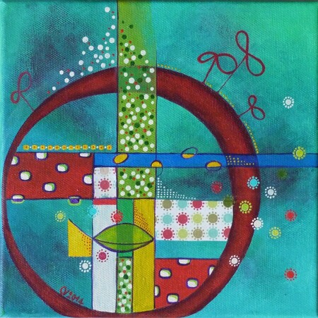 "Ast&eacute;ro&iuml;de B814", acrylique et collage sur toile, 20x20 cm, ao&ucirc;t 2014 (vendu)