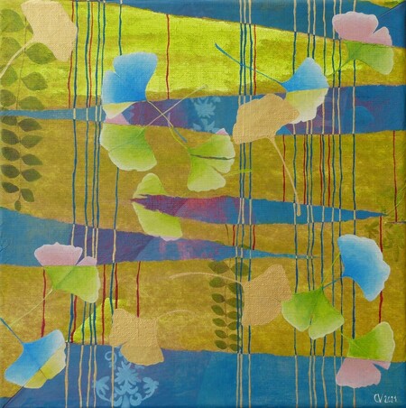 "Biloba 1", techniques mixtes sur toile, 30x30 cm, juin 2021 (vendu)