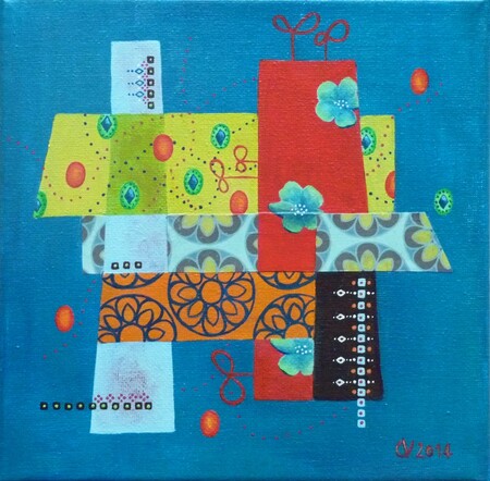 "Blue II", acrylique et collages sur toile, 20x20 cm, novembre 2014 (vendu)