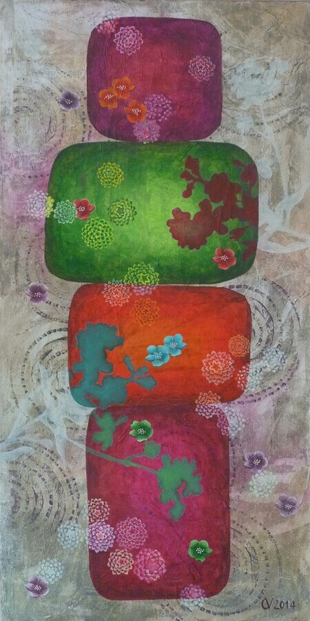 "Chaniwa, le jardin &agrave; th&eacute;", acrylique et collages sur toile 3D, 30x60 cm, septembre 2014 (vendu)