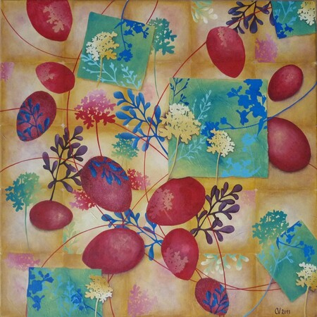"Eclosion", acrylique et collage sur toile, 60x60 cm, avril 2013