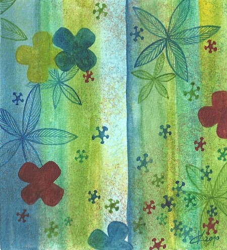 "Explosion de fleurs", aquarelle, 13.5x15 cm, f&eacute;vrier 2010