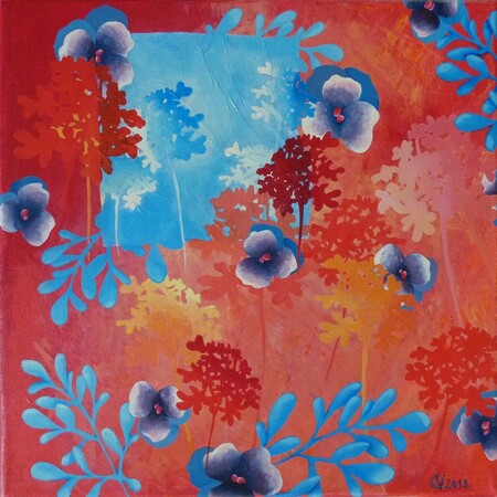 "Explosion de fleurs 4", acrylique et collage sur toile, 30x30 cm, mai 2013 (vendu)