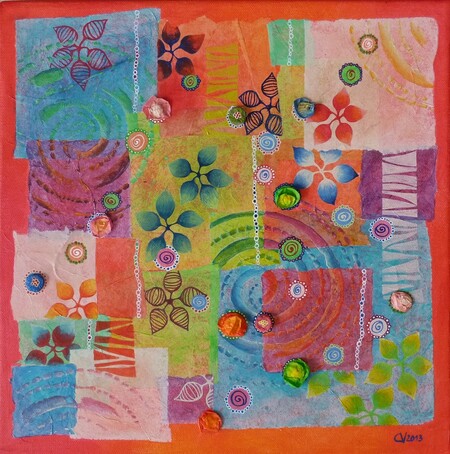 "Explosion de fleurs 5", acrylique et collage sur toile, 30x30 cm, octobre 2013 (vendu)