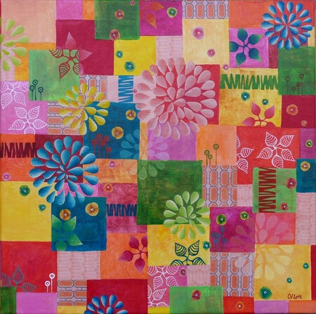 "Feux d'artifice", acrylique et collages sur toile, 40x40 cm, septembre 2015