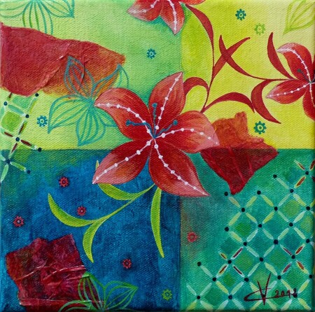 "Fleurs des &icirc;les", acrylique et collage sur toile,20x20 cm, f&eacute;vrier 2012 (vendu)