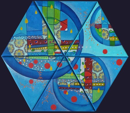 "Galaxie", acrylique et collage sur toile, hexagone de 20 cm de c&ocirc;t&eacute;, avril 2014