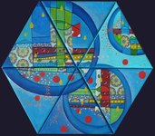 "Galaxie", acrylique et collage sur toile, hexagone de 20 cm de côté, avril 2014