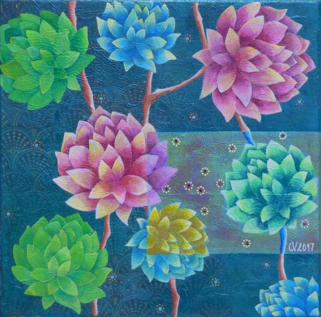 "Jardin asiatik", acrylique et collages sur toile, 20x20 cm, novembre 2017 (vendu)
