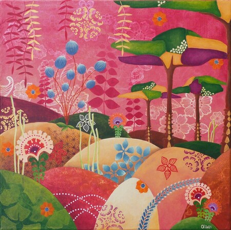 "Jardin chim&eacute;rik 2", acrylique et collages sur toile, 50x50 cm, mai 2021