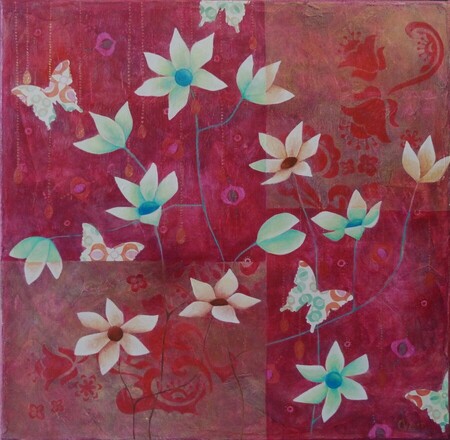 "Jardin f&eacute;&eacute;rik", acrylique et collages sur toile, 30x30 cm, ao&ucirc;t 2017