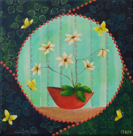 "Jardin iconik 1", acrylique sur toile, 20x20 cm, septembre 2021