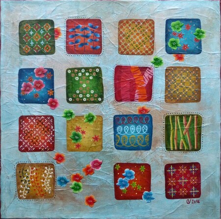 "Le jardin r&eacute;gulier", acrylique et collages sur toile 3D, 40x40 cm, novembre 2014 (vendu)