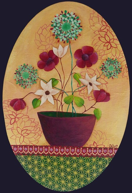 "Jardins int&eacute;rieurs 10", acrylique sur toile ovale, 20x30 cm, novembre 2019
