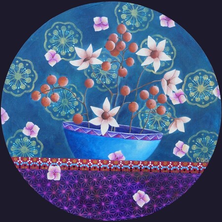 "Jardins int&eacute;rieurs 11", acrylique et collages sur toile, diam. 30 cm, avril 2020