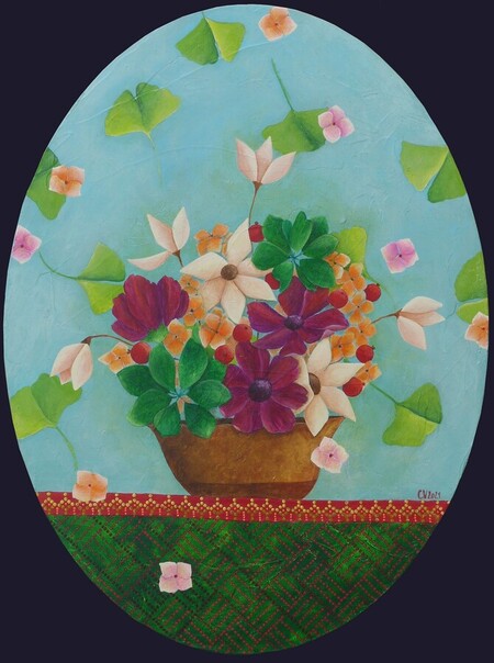 "Jardins int&eacute;rieurs 12", acrylique sur toile ovale, 30x40 cm, mars 2021