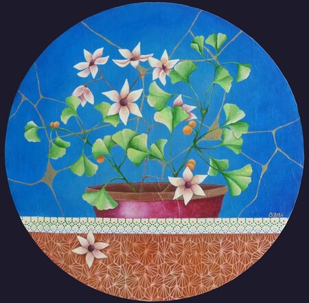 "Jardin int&eacute;rieur 13", acrylic on canvas, diam. 15.75, April 2024 in,