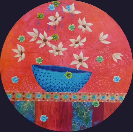 "Jardins int&eacute;rieurs 4", acrylique et collages sur toile, diam. 40 cm, octobre 2017