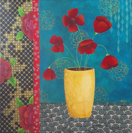 "Jardins int&eacute;rieurs 5", acrylique et collages sur toile, 40x40 cm, octobre 2017 (vendu)