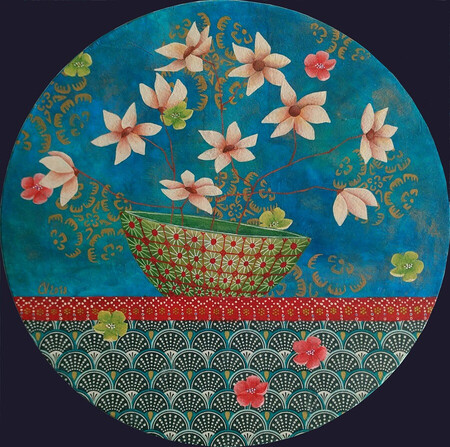 "Jardins int&eacute;rieurs 6", acrylique et collages sur toile, diam. 30 cm, avril 2018 (vendu)