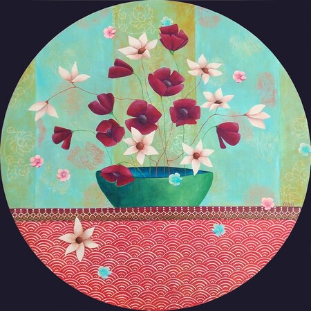 "Jardins int&eacute;rieurs 8", acrylique et collages sur toile ronde, diam. 50 cm, f&eacute;vrier 2019 (vendu)