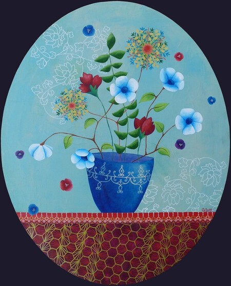 "Jardins int&eacute;rieurs 9", acrylique sur toile ovale, 40x50 cm, septembre 2019