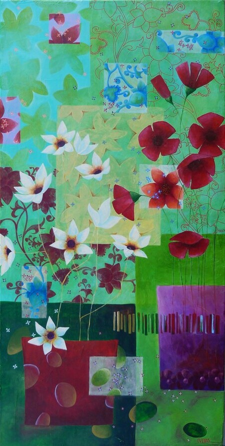 "Jardins int&eacute;rieurs", acrylique et collages sur toile 3D, 30x80 cm, novembre 2015 (vendu)
