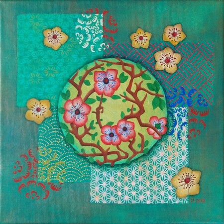 "M&eacute;tisse 5", acrylique et collages sur toile, 30x30 cm, septembre 2018 (vendu)
