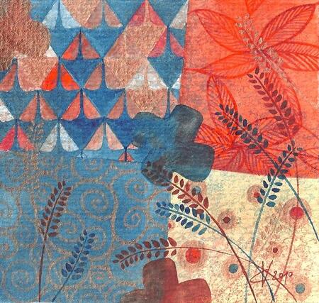 "Patchwork klimtique 3", techniques mixtes, 10x10 cm, f&eacute;vrier 2010 (vendu)