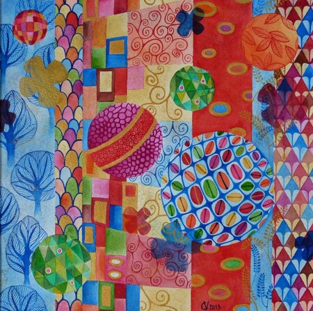 "Patchwork klimtique 6", aquarelle et acrylique, 29x29 cm, mai 2013 (vendu)