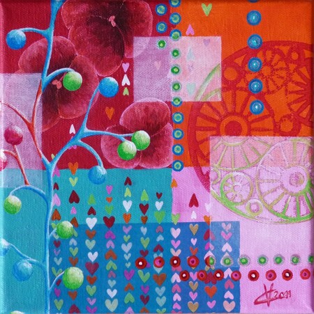 "Patchwork 8", acrylique et collages sur toile, 20x20 cm, d&eacute;cembre 2011 (vendu)