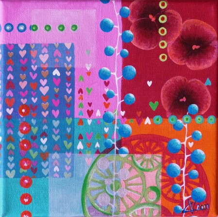 "Patchwork 9", acrylique et collages sur toile, 20x20 cm, d&eacute;cembre 2011 (vendu)