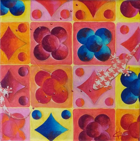 "Pav&eacute;s gecko", acrylique et collages sur toile, 20x20 cm, octobre 2012 (vendu)