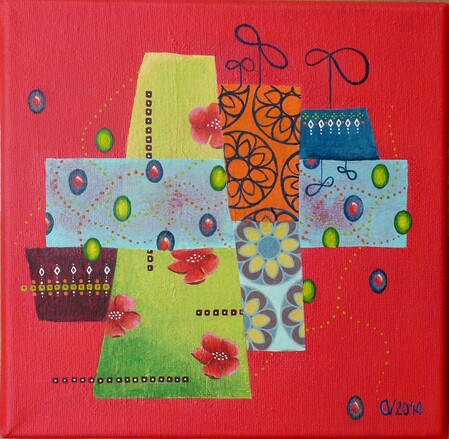 "Red II", acrylique et collages sur toile, 20x20 cm, novembre 2014 (vendu)